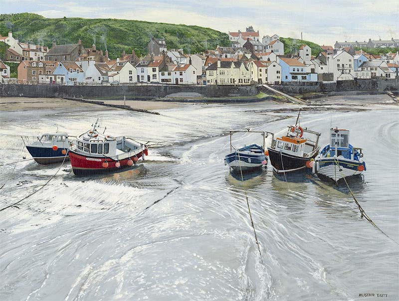Artist: Alistair Butt, RSMA; Painting: Staithes in Bright Sunlight