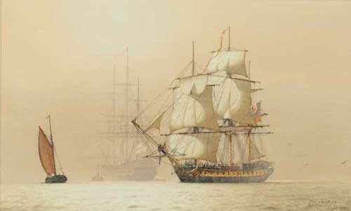 Artist: Derek George Montague Gardner, RSMA; Painting: HM frigate Medusa, 32 guns