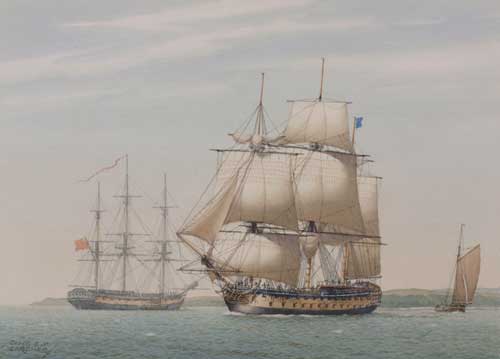 Artist: Derek George Montague Gardner, RSMA; Painting: The 74-gun ship-of-the-line SUPERB off the Isle of Wight 1779
