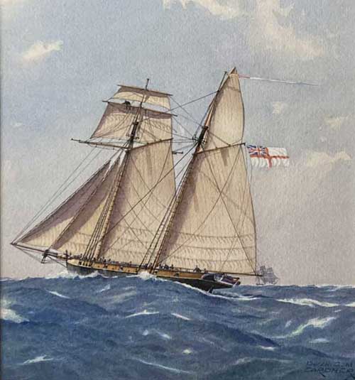 Artist: Derek G M Gardner, RSMA; Painting: His Majesty's Schooner Sea Lark (Captured American Schooner Fly)
