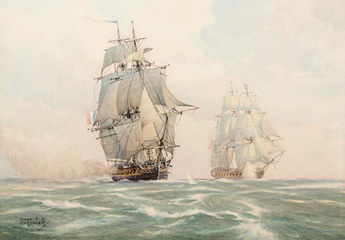 Artist: Derek Gardner; Painting HMS FISGARD, 38, & the French frigate IMMORTALITE