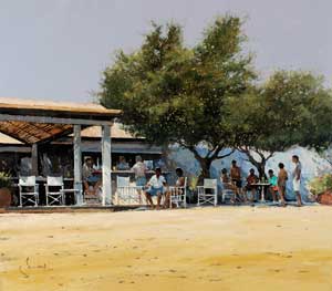 Artist: Jeremy Barlow ROI; Painting: Beach Café, St. Tropez