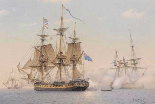 Artist: Derek George Montague Gardner, RSMA; Painting: His Britannic Majesty's 38-gun frigate IMPERIEUSE, Captain Lord Cochrane, engaging the grounded French 50-gun ship CALCUTTA in the Basque Roads on 12th April 1808